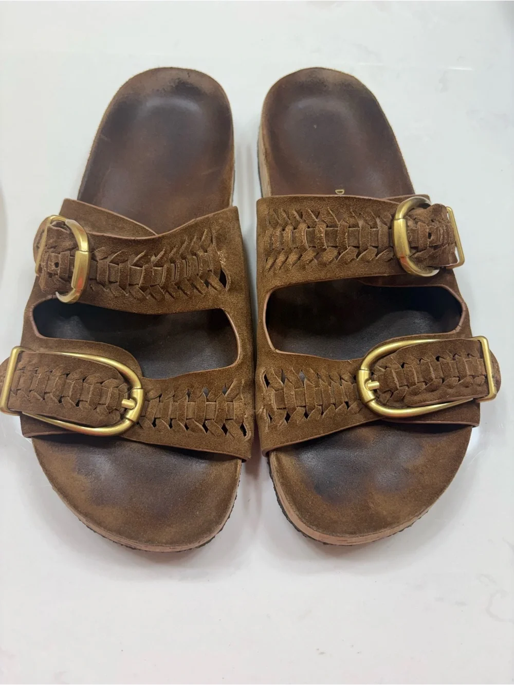 Veronica Beard Brown Suede Double-Band Sandals with Brass Buckles